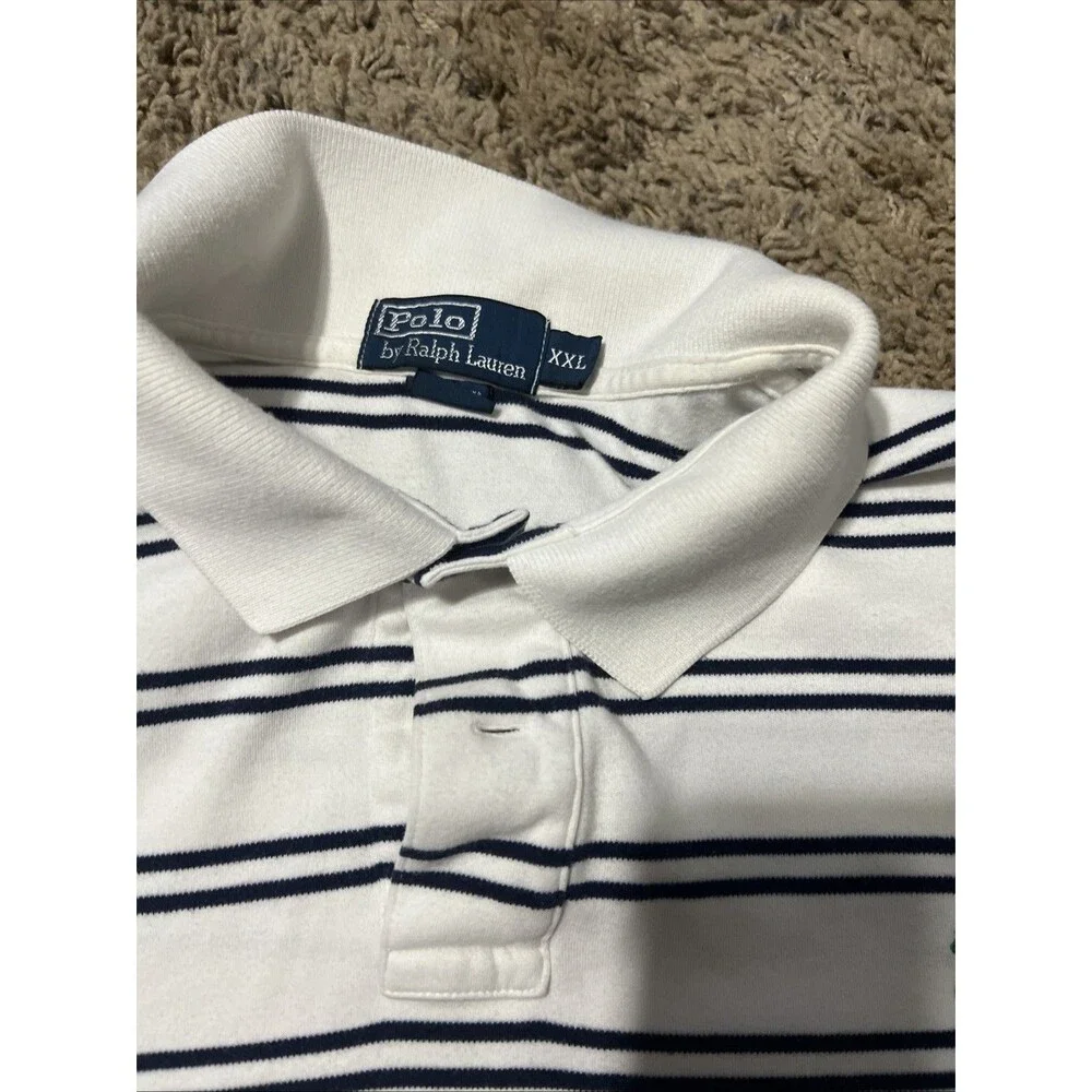 Polo Ralph Lauren Polo Shirt Mens XXL Knit Cotton White Blue‎ Stripes
